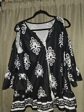 SHEIN Black and White Cold-Shoulder Tassel Peasant Blouse